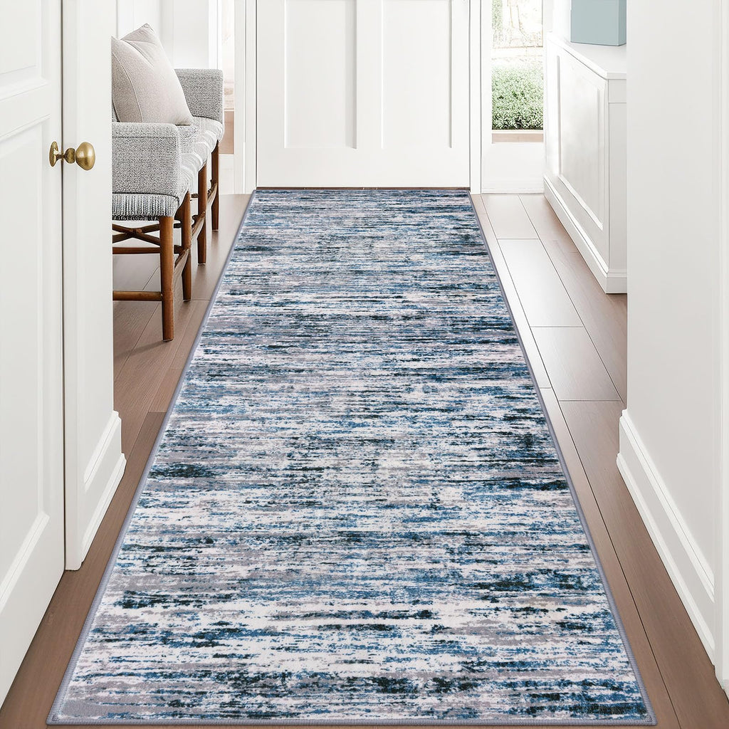 Lansny Modern Abstract Runner Rug 3x8, Grey Blue White, Washable Kitchen Runner Non-Slip Soft Hallway Rug Thin Print Faux Wool Carpet for Entryway Bedroom Laundry Room Indoor Home Office Decor