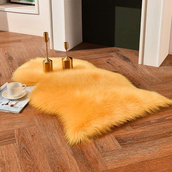 duduta Yellow Faux Sheepskin Rug 2x3 ft, Small Faux Fur Chair Covers