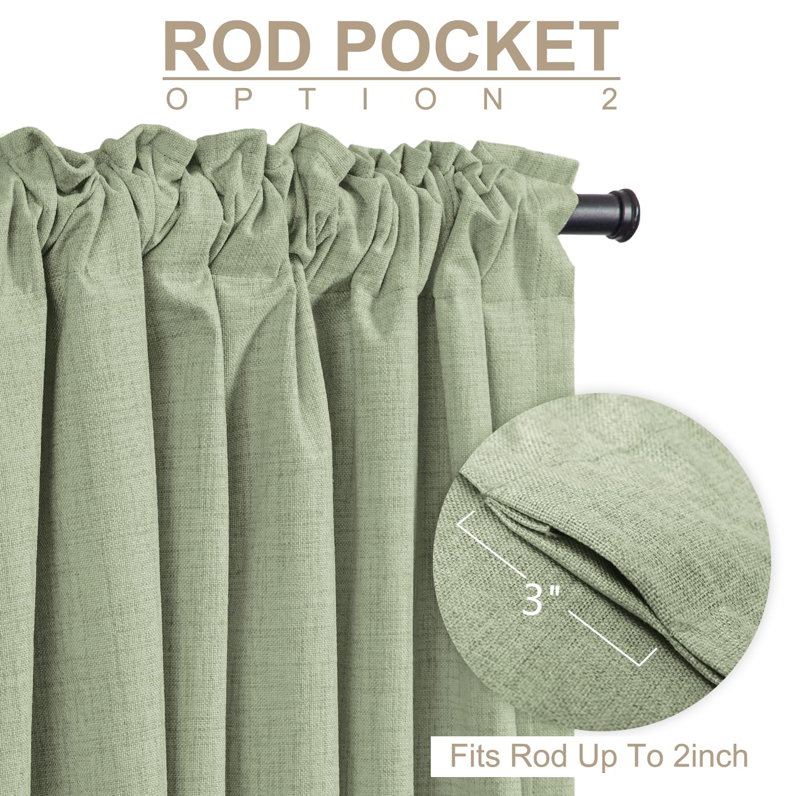 Faux Linen Total Blackout Sliding Door Curtains 90 Inches Long, Sage