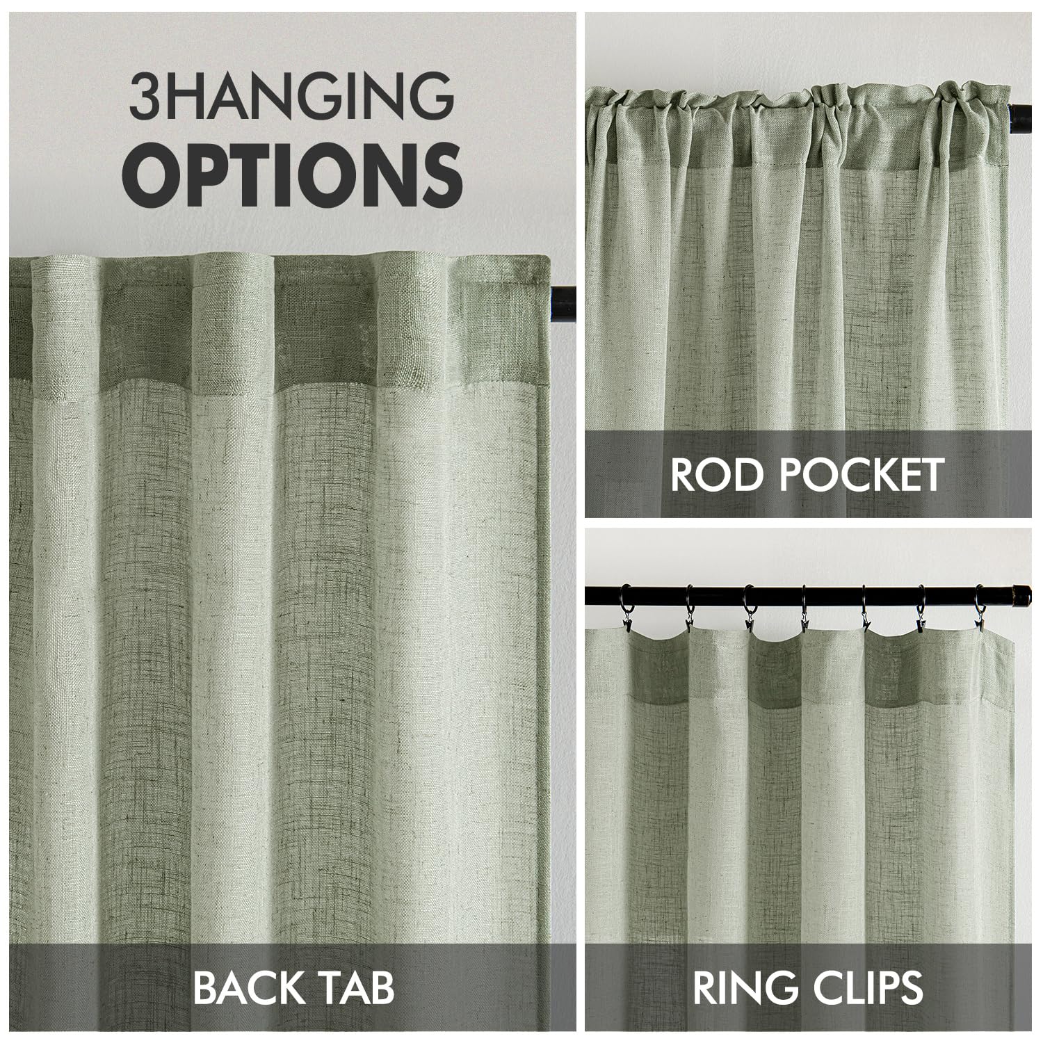 MIULEE Sage Linen Curtains 52x96 Inch Long for Bedroom Living Room Green