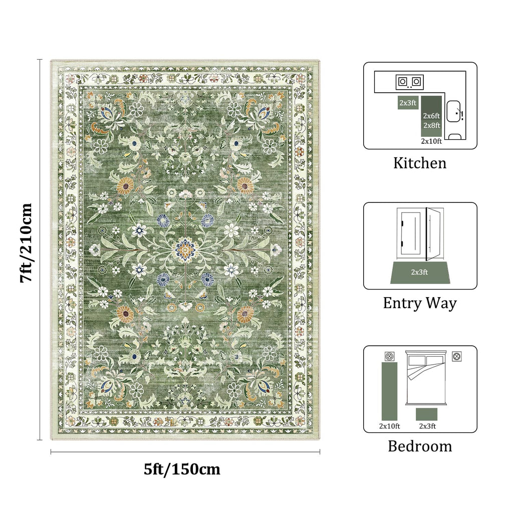 Yamaziot 5x7 Washable Area Rug for Living Room Floral Carpet Sage Green