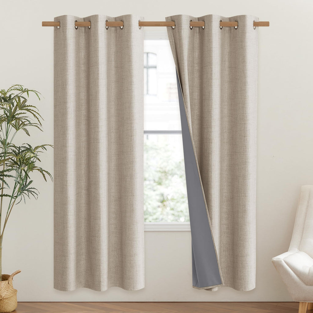 NICETOWN Oatmeal Vintage Open Linen Weave Flax Thermal Curtains, 100% Blackout Curtains 72" Long for Dining Room, Soundproof Window Treatment Drapes for Gym Room, 42" Wide Per Panel, Set of 2