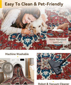 Area Rugs 3'x5' Washable Non-Slip, Floral Vintage Distress Print Pattern Medallion Carpet for Living Room Bedroom Dining Room, Red Blue