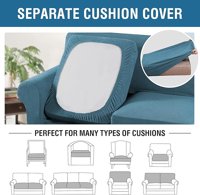 H.VERSAILTEX 4 Piece Stretch Sofa Covers for 3 Cushion Couch Covers for Living Room Furniture Slipcovers (Base Cover Plus 3 Seat Cushion Covers) Upgraded Thicker Jacquard Fabric (Sofa, Storm Blue)