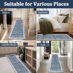Yamaziot Washable Runner Rug 2x6 – Non Slip Boho Floral Hallway Runner Rug with Rubber Backing, Low Pile Faux Wool Distressed Carpet for Kitchen, Laundry, Bedroom, Entrance, Blue
