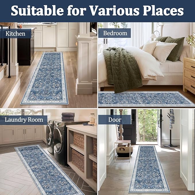 Yamaziot Washable Runner Rug 2x12 – Floral Non Slip Boho Hallway Runner Rug with Rubber Backing, Low Pile Faux Wool Distressed Carpet for Kitchen, Laundry, Bedroom, Entrance, Blue