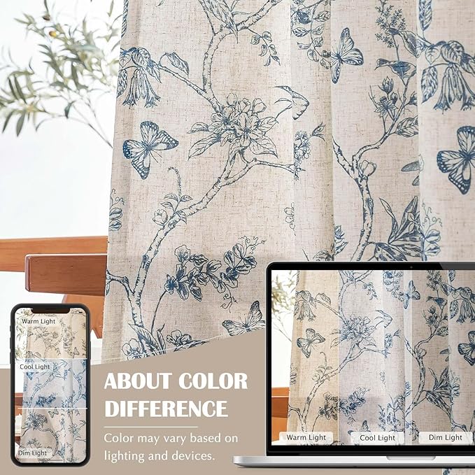 jinchan Floral Curtains Lined Linen Blend Curtain for Living Room 63 Inch Length Blue Flower Patterned Curtain French Country Farmhouse Curtains Drapes Back Tab Rod Pocket 2 Panels
