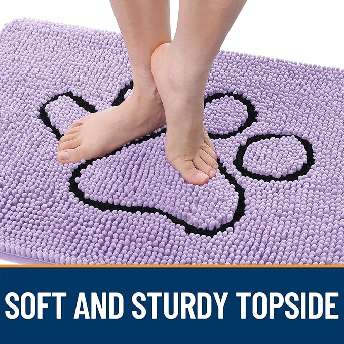 OLANLY Dog Door Mat for Muddy Paws 30x20, Paw Print Design, Absorbs Moisture and Dirt, Absorbent Non-Slip Washable Doormat, Quick Dry Chenille Mud Mat for Dogs, Entry Indoor Entryway Carpet, Lavender