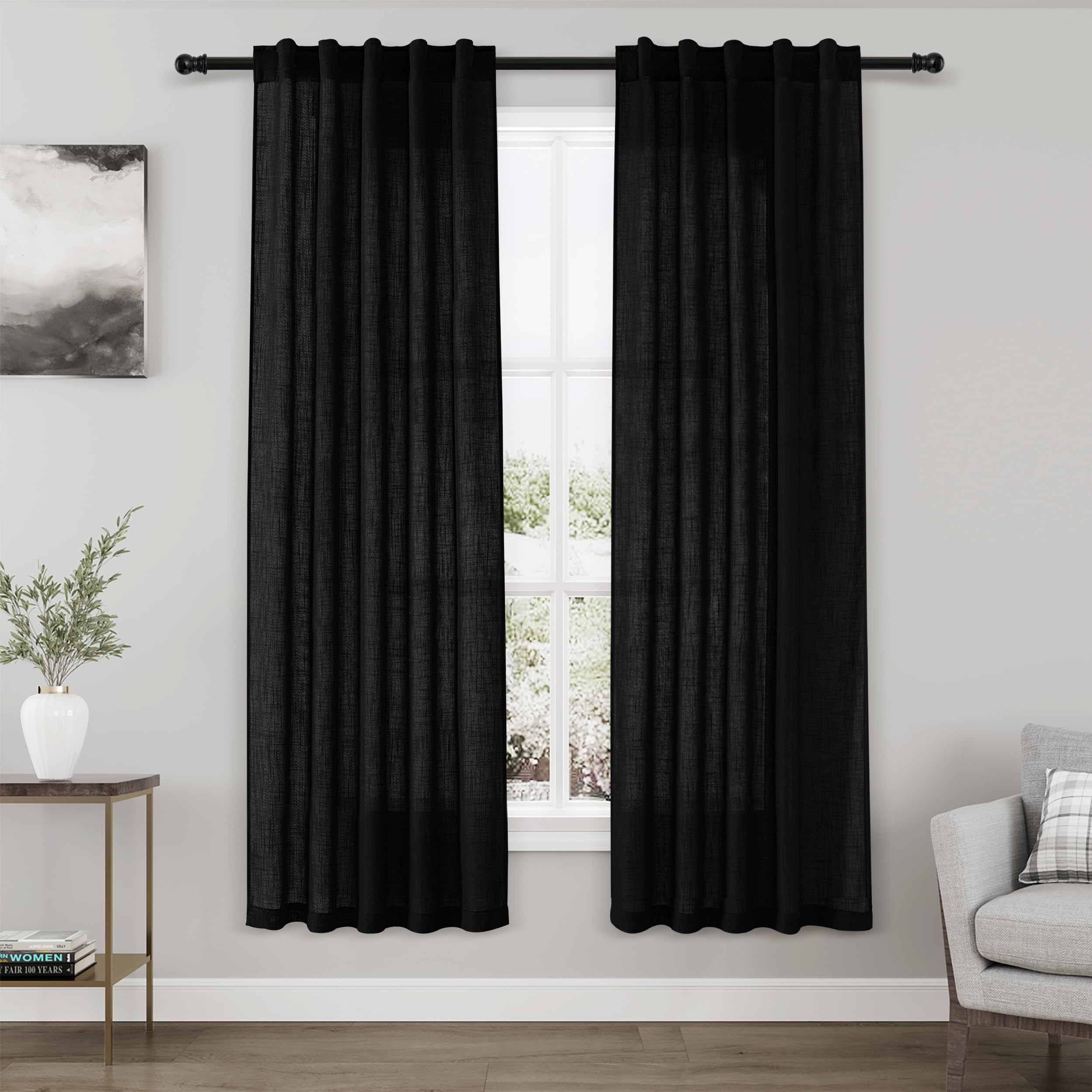 Black Semi Sheer Linen Curtains 72 inch Length for Living Room Back Tab Rod Pocket Modern Long Skinny Curtains Dividing Closet Decor Cotton Textured Gauze Curtain for Laundry Bedroom Office 38x72