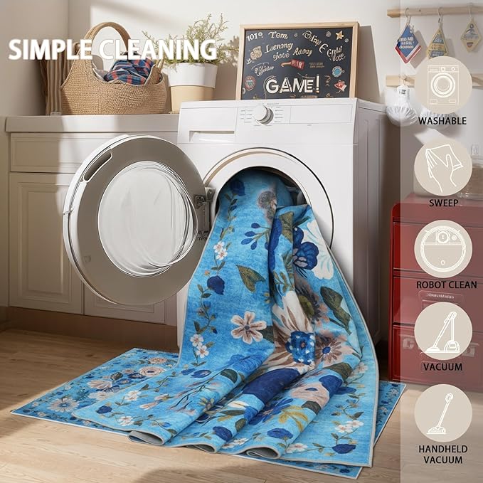 Rug for Hallways Kitchen Rug 3x7, Non Slip Washable Rugs with Rubber Backing Soft Floral Carpet Runner for Hallways, Kitchen, Laundry, Bedroom, Bathroom(3 x 7, Blue Garden)