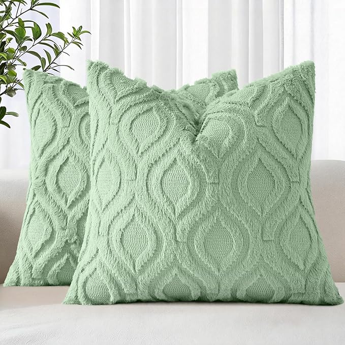 decorUhome Throw Pillow Covers 26x26 Inch Set of 2, Soft Plush Faux Wool Sage Green Solid Couch Pillow Covers, Accent Euro Sham Farmhouse Neutral Square Pillow Cases for Sofa Bed Living Room