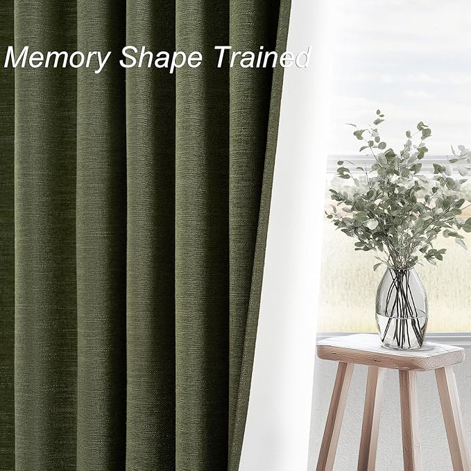 Green Blackout Curtains 95 Inches Long 2 Panels Set Room Darkening Vintage Farmhouse Country Linen Curtain Drapes for Bedroom Heavy Duty Thick Soundproof Viral Pleated Drapes(W52 x L95 Olive)