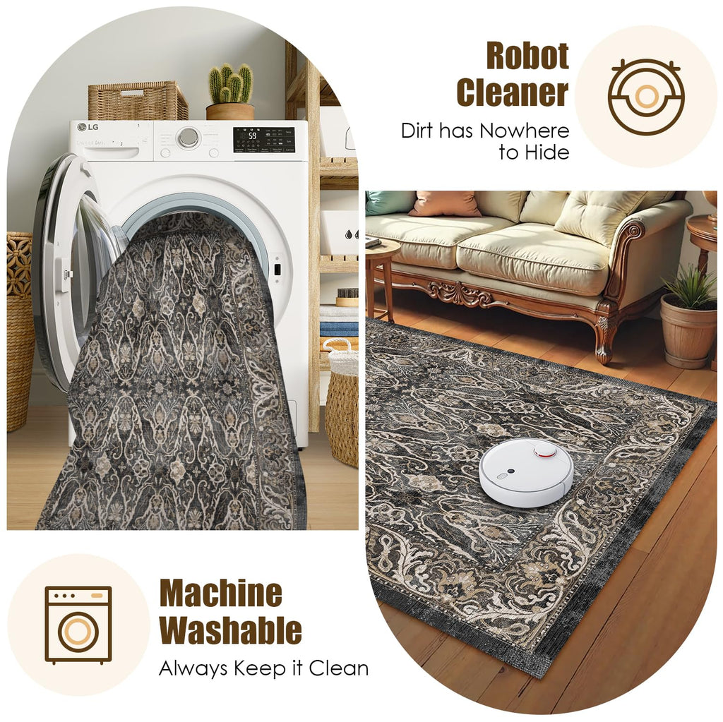 Washable Area Rug 8' x 10' Vintage Traditional Persian Mat - Foldable Distressed Non-Slip Machine Washable Carpet for Living Room Bedroom Kitchen Home Decor - Ebony and Taupe
