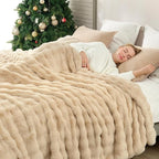 Cozy Bliss Faux Fur Throw Blanket for Couch, Bubble Plush Blanket Queen Size, Fuzzy Soft & Thick Blanket for Bed Sofa Living Room, 90x90 Inches Beige