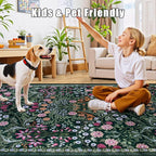 10x12 Area Rugs for Living Room: Floral Washable Rug Vintage Large Soft Boho Non-Slip Carpet Stain Resistant Low Pile Carpets for Bedroom Dining Room Farmhouse Nursery Hallway Home Office Dark Green