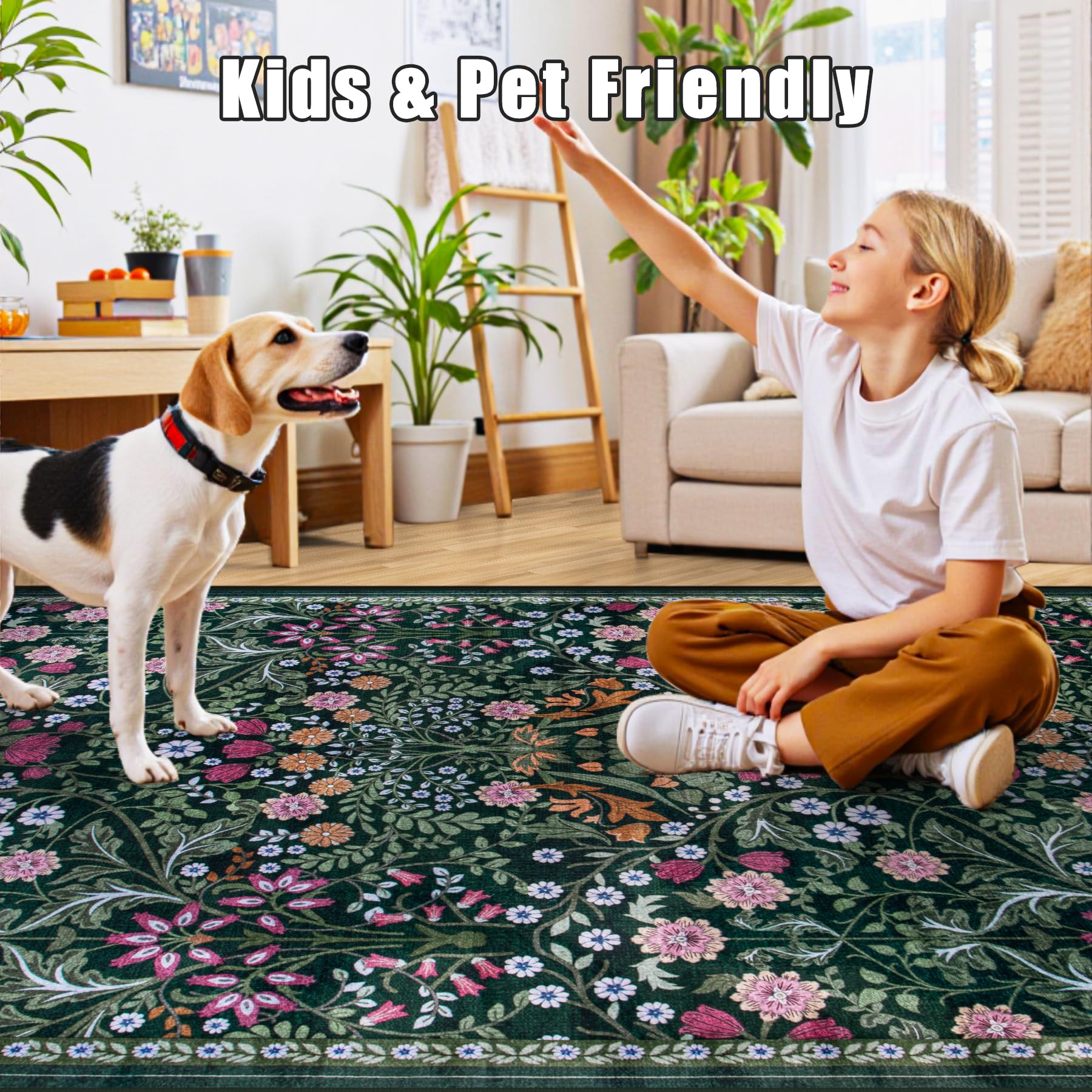 PLHXFR Area Rug Living Room: 4x6 Floral Washable Boho Carpet Dark Green