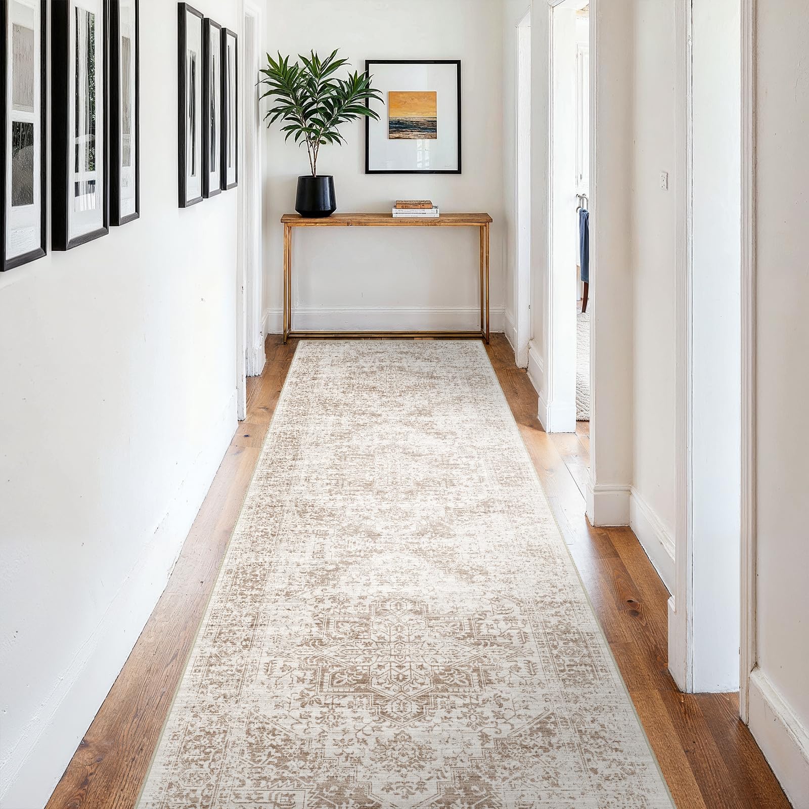 4x12 Washable Hallway Runner Rug: Vintage Wide Low Pile Rugs IvoryBeige