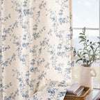Lazzzy Farmhouse Linen Curtains Blue Floral Curtains 96 Inch Long Back Tab Drapes for Living Room Bedroom Light Filtering Country Vintage Rod Pocket Curtain, 2 Panels, Blue on Beige