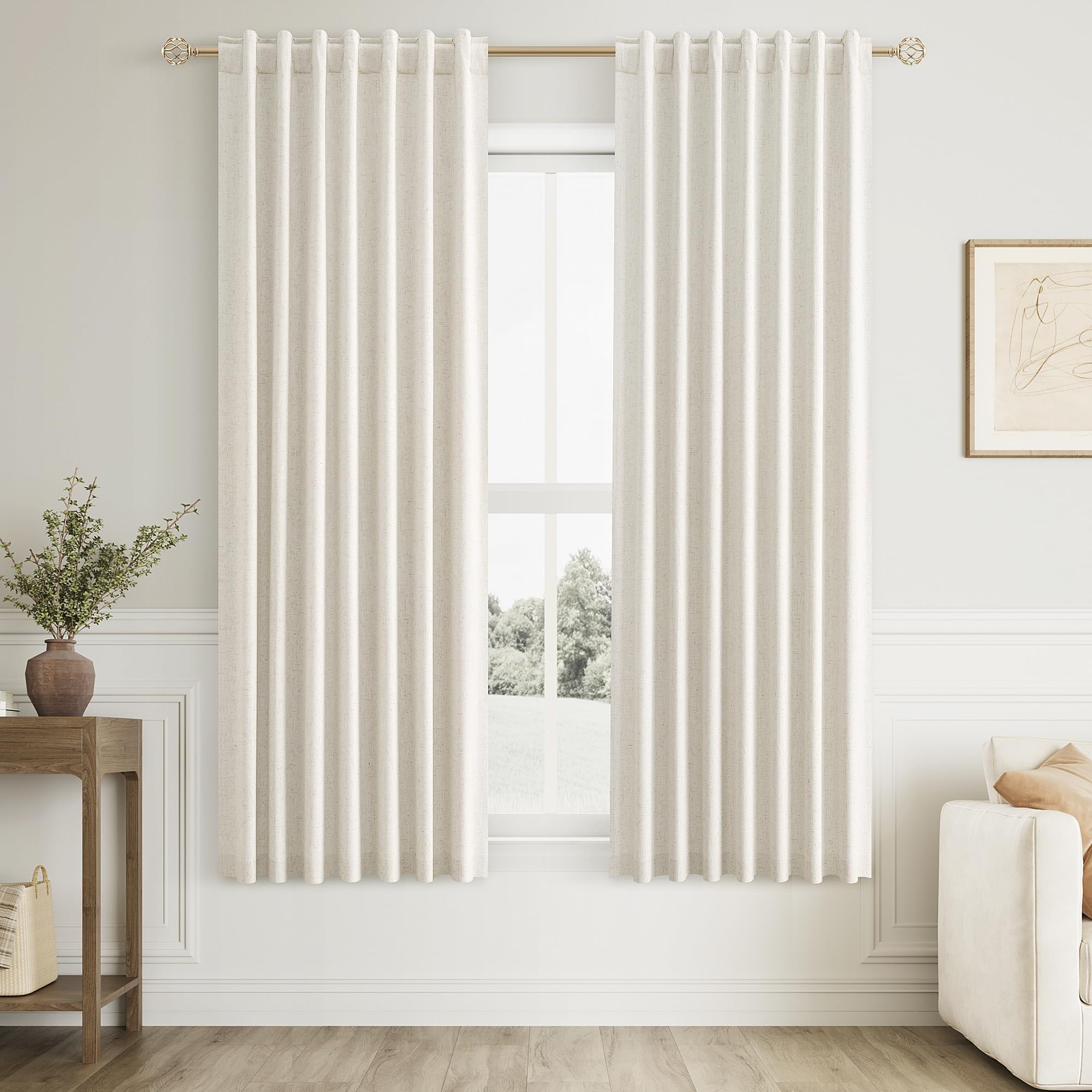 Guken 100% Blackout Linen Curtains for Bedroom 68 Inches Long Natural Cream Black Out Curtain Back Tab Thermal Insulated Room Darkening Window Drapes for Living Room 2 Panels Beige Ivory 52x68