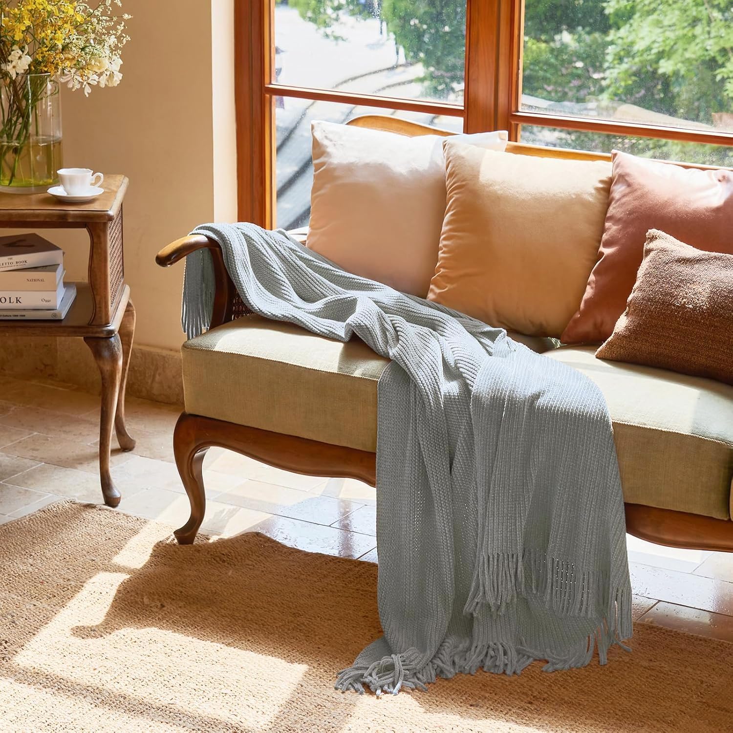 lifein Throw Blanket for Couch, Soft Boho Decor Bed Throw,Cozy Grey Knitted Chenille Small Farmhouse Lightweight Throw (Light Grey,50 * 60")