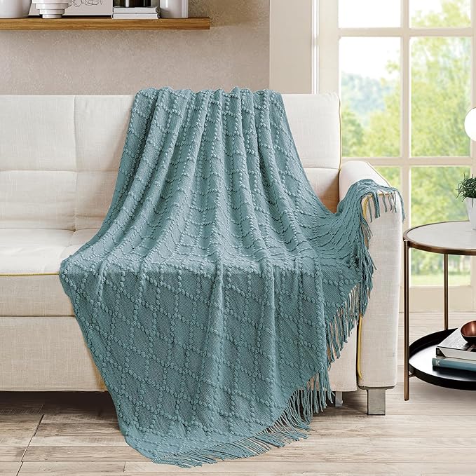 BOURINA Blue Throw Blanket 50 x70 Inch Jacquard Throw Knitted Blanket