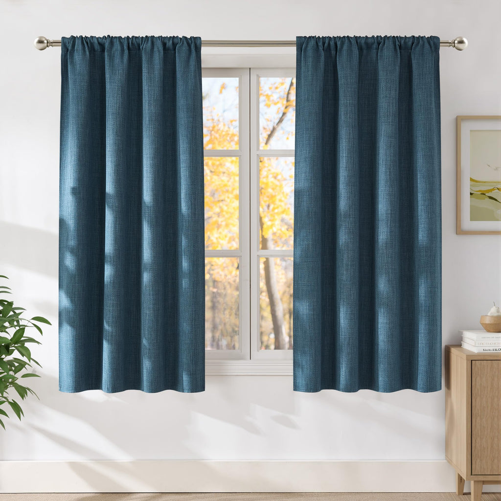 NICETOWN Stone Blue Faux Linen Room Darkening Rod Pocket Curtains 63 inch Length, W42 x L63, Light Blocking Thermal Insulated Noise Reducing Drapes for Bedroom Living Room Farmhouse Decor, 2 Panels