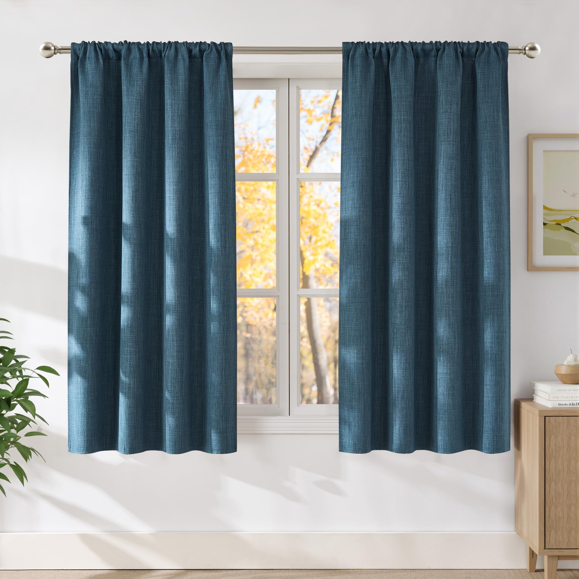 NICETOWN Stone Blue Faux Linen Room Darkening Rod Pocket Curtains 63 inch Length, W42 x L63, Light Blocking Thermal Insulated Noise Reducing Drapes for Bedroom Living Room Farmhouse Decor, 2 Panels
