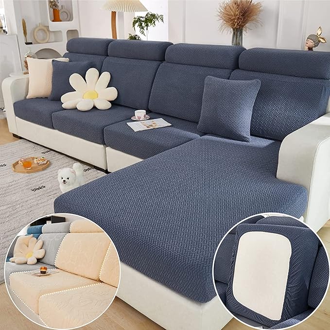 Yoovat Couch Cushion Covers for Sofa Couch Covers Wear-Resistant Universal Sofa Cover Washable Stretch for Sectional Slipcovers (Texture-Gray Blue,Chaise Cover)