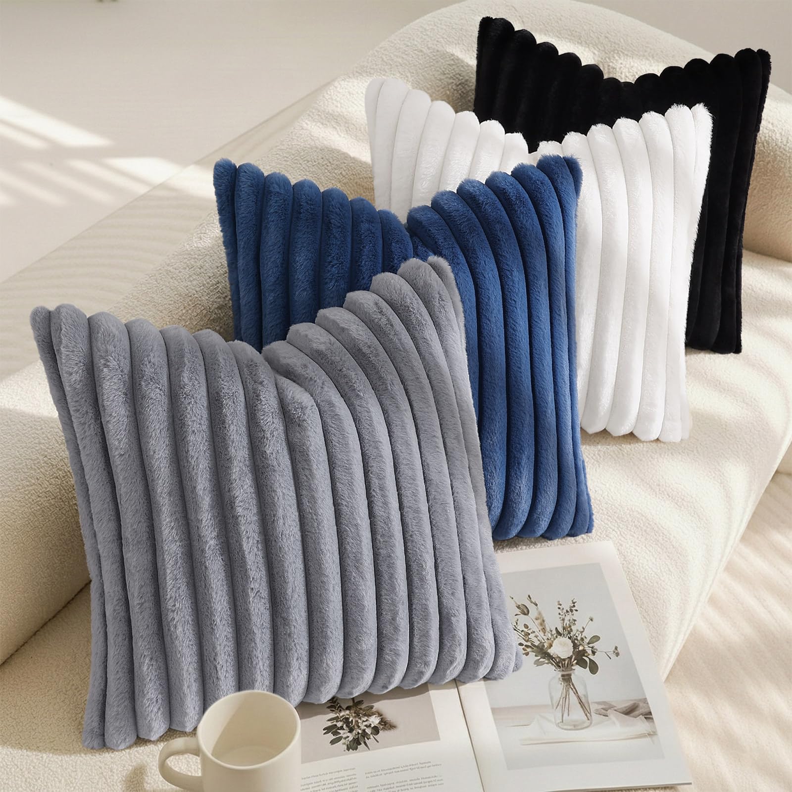 decorUhome Fall Faux Fur Throw Pillow Covers 24x24 Set of 2 Black