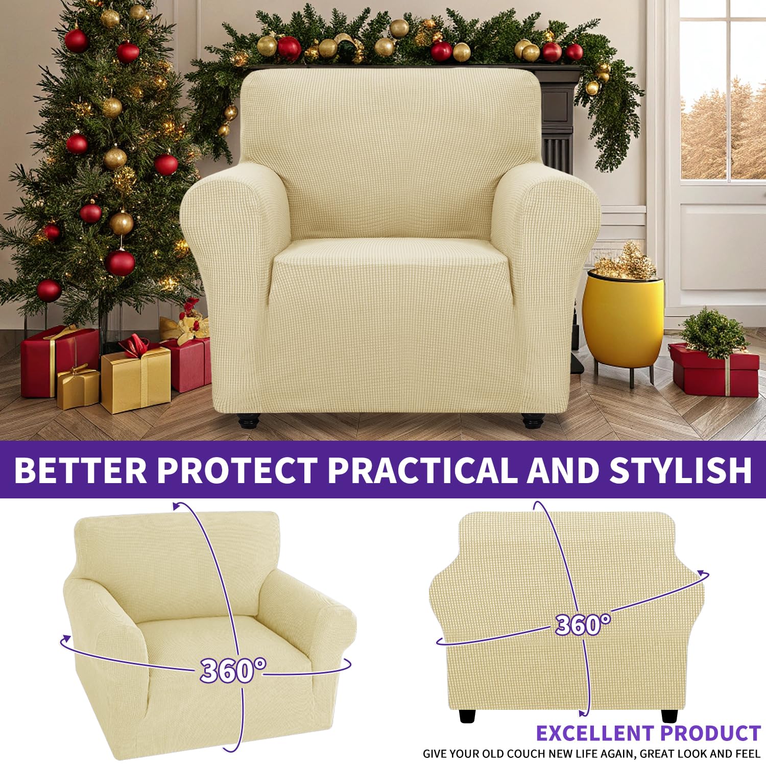 ZNSAYOTX Super Stretch Chair Slipcover Universal Sofa Chair Covers for Living Room Dogs Pet Furniture Protector Spandex Armchair Slipcovers with Anti Slip Foam Sticks (Beige, Chair)