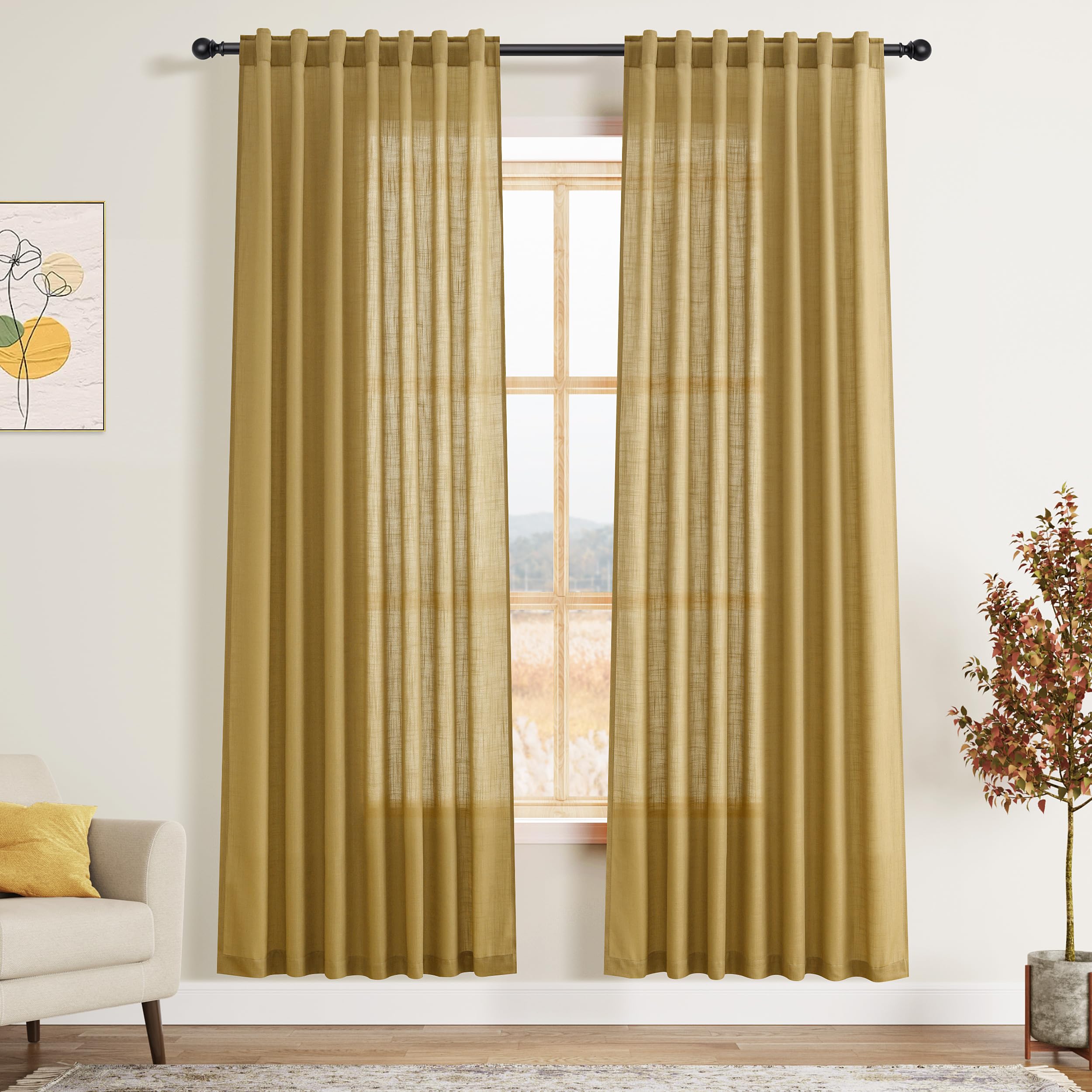 Nanspring Mist Sage Linen Curtains Semi Sheer 96 Inches Long 2 Panels Set for Living Room Back Tab Rod Pocket Light Filtering Drape for Bedroom Modern Farmhouse Coastal Decor Protect Privacy 52x96 — 기타