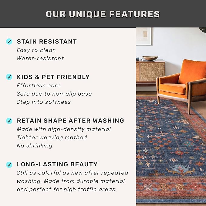 Navy Blue Washable 10 ft Long Runner for Kitchen Floor - 2'6"X10' Runner Rug for Hallway, Entryway, Pet Friendly Waterproof Non Slip with Rubber Backing, Stain Resistant Area Rug