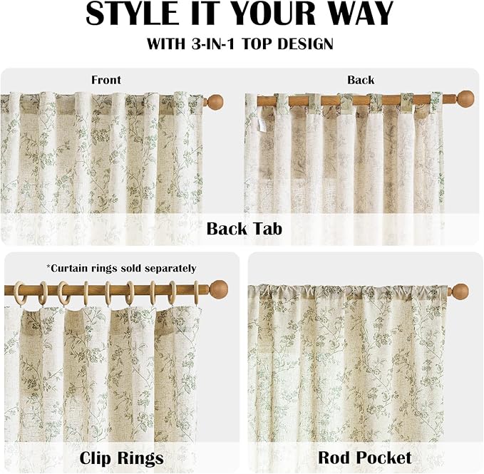 Lazzzy Green Vintage Floral Linen Curtains Farmhouse 38W X 90L 2 Panels