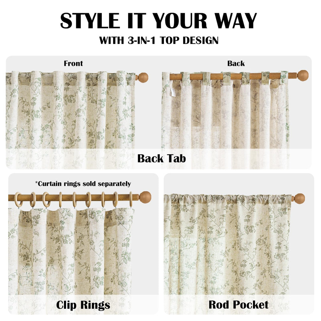 Lazzzy Green Vintage Floral Linen Curtains Farmhouse 50W X 90L 2 Panels