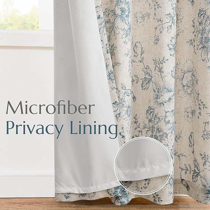 jinchan Lined Linen Blend Curtain Floral Curtains for Living Room 96 Inches Long Blue Peony Flower Printed Curtain Rod Pocket Back Tab Farmhouse Patterned Drapes Bedroom Window Curtains Set 2 Panels
