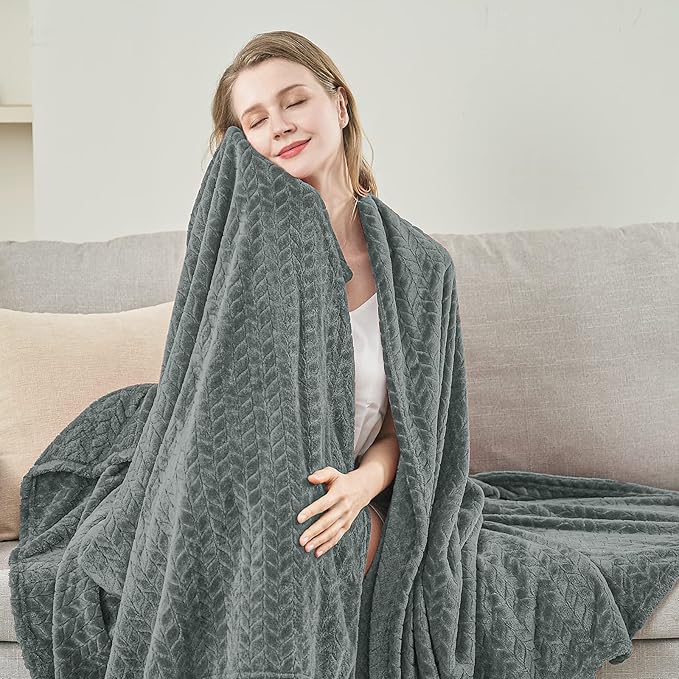inhand Grey Fleece Queen Blanket for Bed, Super Soft Flannel Cozy Blankets for Adults, Lightweight Leaves Pattern Fuzzy Blanket for Office,Travel, Warm Plush Blankets for All Season, 90x90 Inches