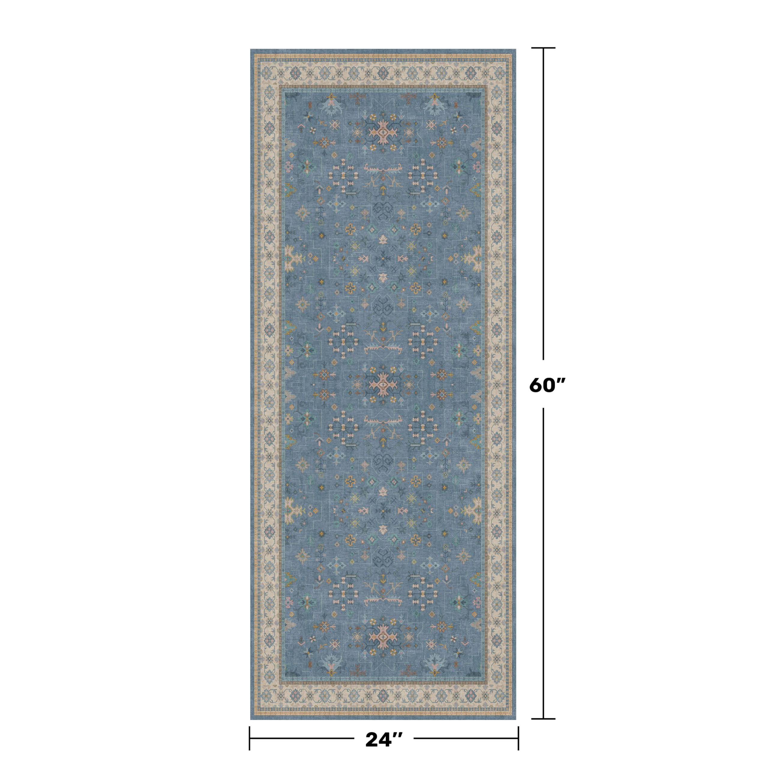 Hazo Haus Boho 2x5 Kitchen Rugs Non Slip - Washable Blue Runner Rug for Bedroom Beside Bed, Laundry Room, Hallway, Non Slip with Rubber Backing, Floral Eclectic Unique Runner Décor