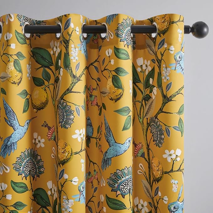 Topfinel 90 Inches Long Curtains & Drapes 2 Panels, Unique Nature Luxury Elegant Colorful Dark Floral Hummingbird Patterned Rustic Mustard Yellow Grommet Drapes for Classroom Room Office Closet 52x90