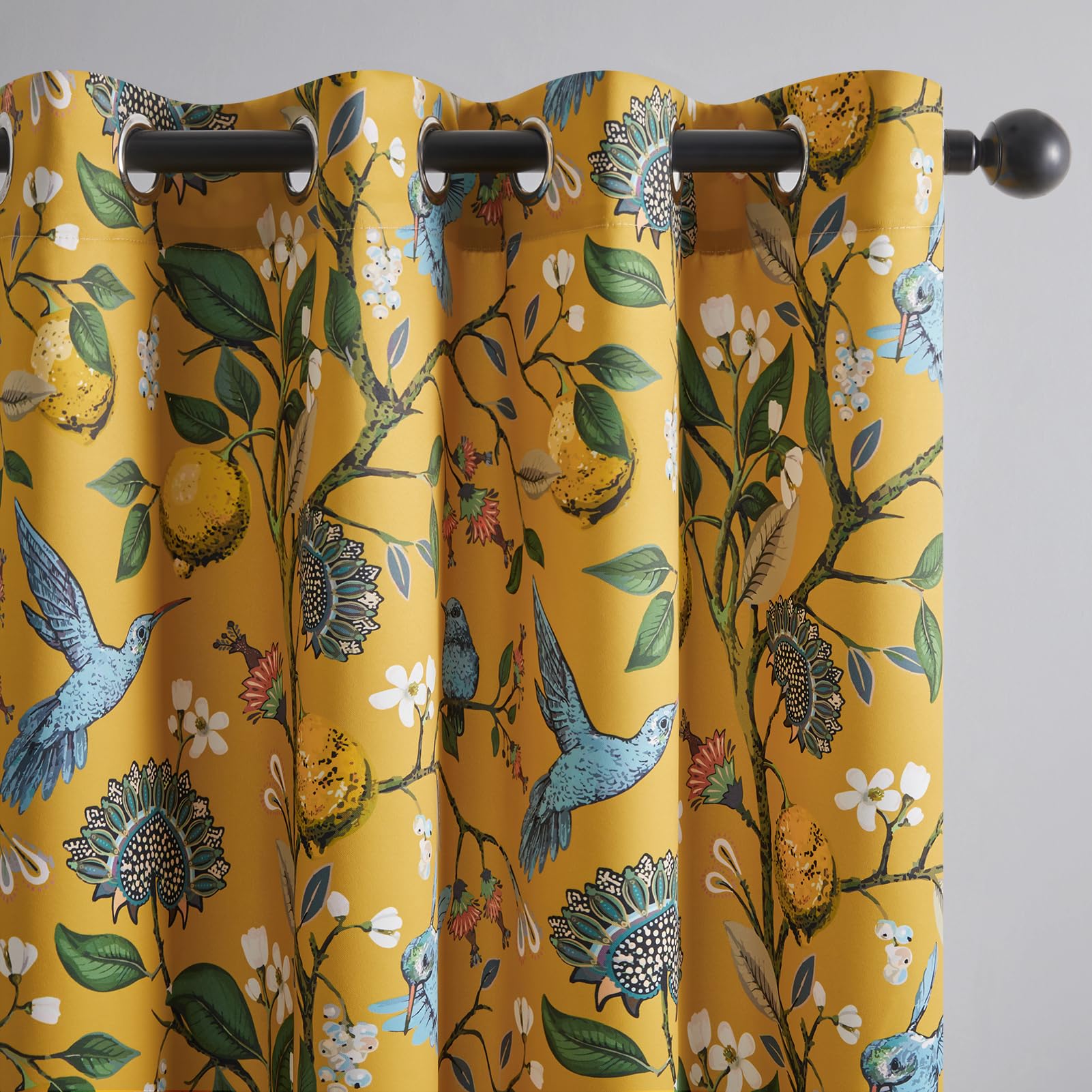 94 Inches Long Custom Satin Window Treatments,Retro Art Deco Floral Hummingbird Patterned Pretty Elegant Mustard Yellow Light Blocking Grommet Curtains Two Pages Curtains for Bedroom Playroom Room