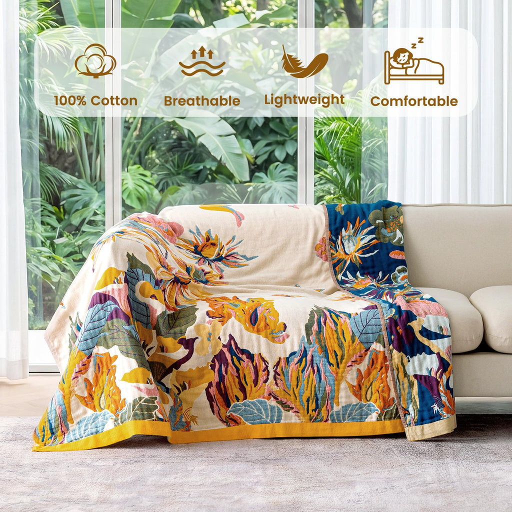 MSGKV Boho Throw Blanket 50"x60" Cotton Throw for Couch Sofa, Floral Quilt