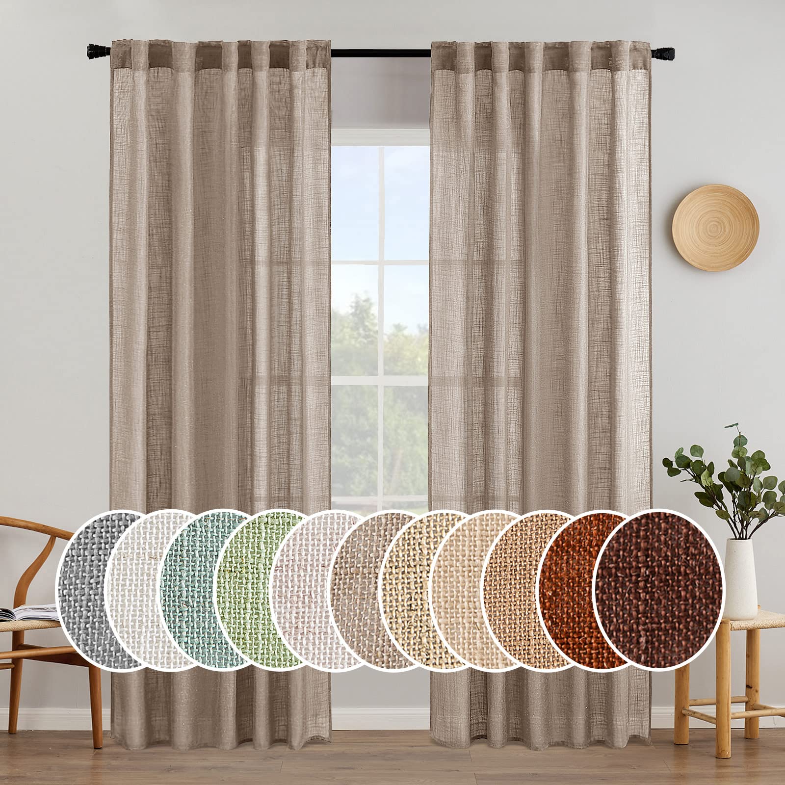 MIULEE Taupe Linen Curtains 52x84 Inch Length for Bedroom and Living Room