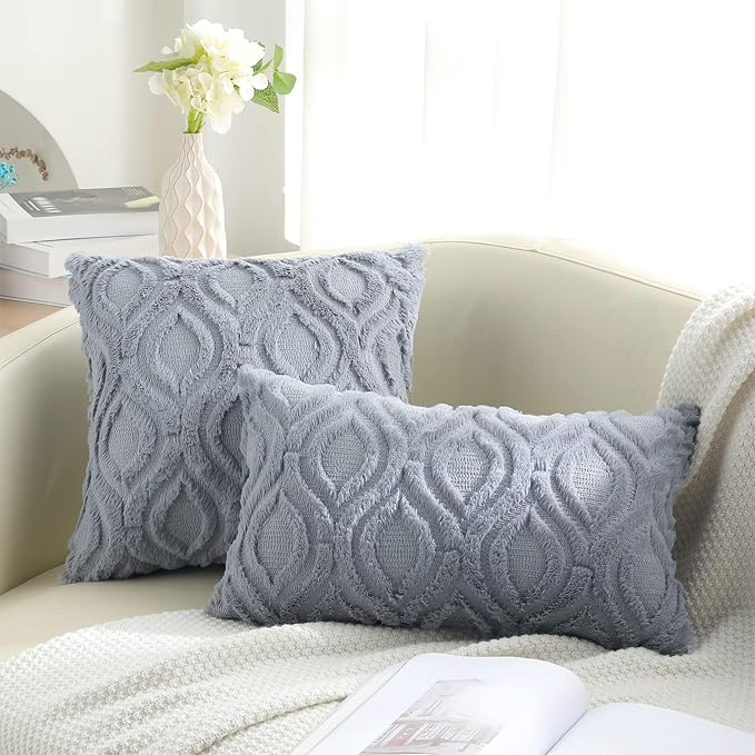 decorUhome Faux Fur Plush Soft Blue Grey Throw Pillow Covers 16x16 Set of 2