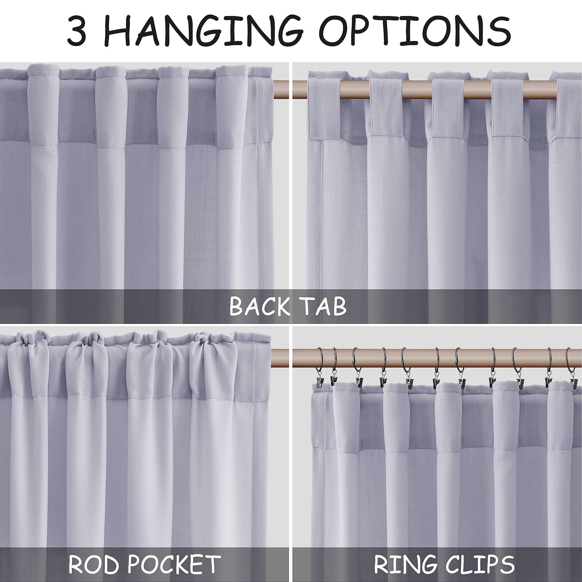 Nanspring Lavender Purple Linen Curtains 90 Inches Long for Living Room Boho Decor Light Filtering Semi Sheer Curtain Back Tab and Rod Pocket Modern Luxury Drapes for Bedroom Office 52x90, 2 Panels