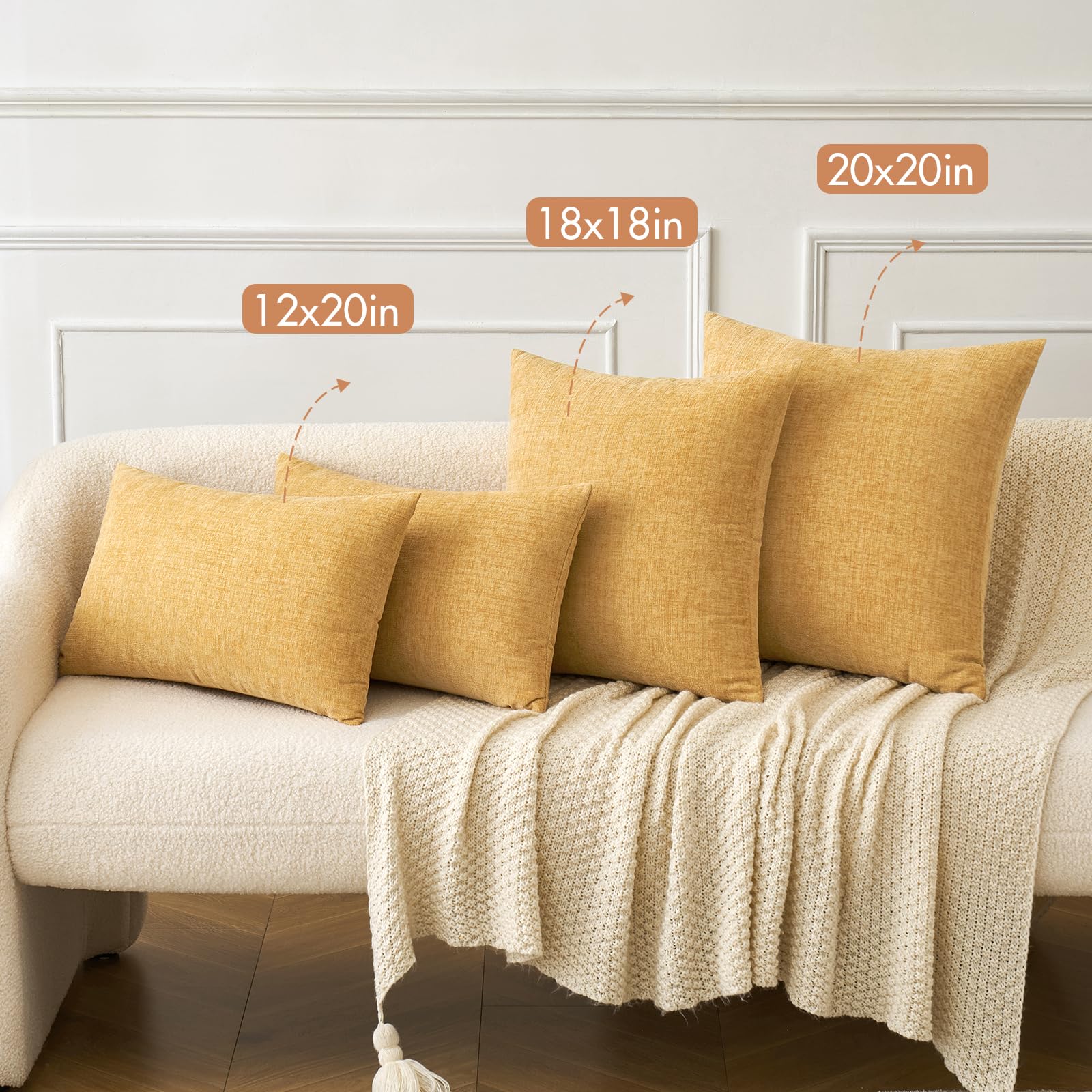 MIULEE Soft Chenille Throw Pillow Covers Gold 18x18 Inch Pack of 2