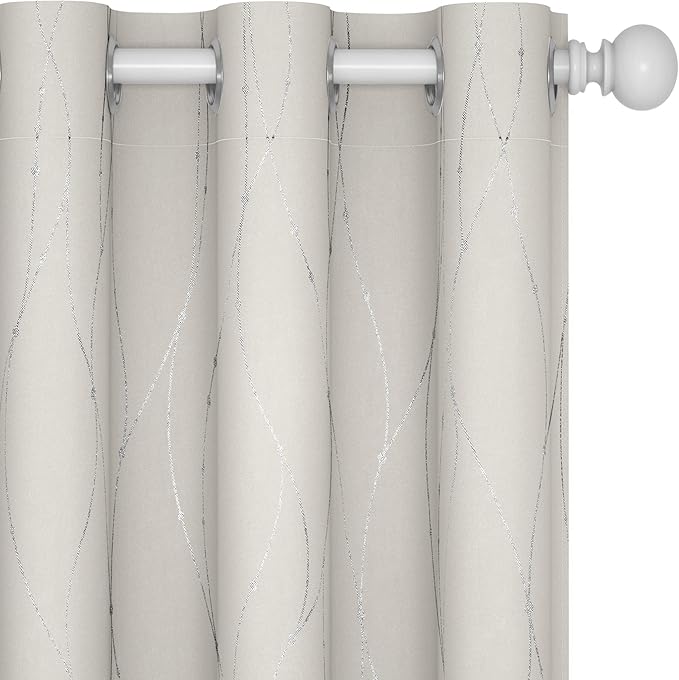Deconovo Beige Blackout Curtains, Room Darkening Curtain, Thermal Insulated Soundproof Drapes, Silver Wave Dots Print, 38 x 63 Inch, Machine Washable Window Panels for Living Room Bedroom, Set of 2
