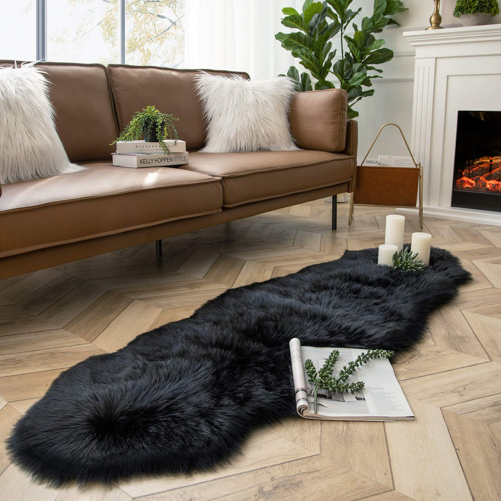 Ashler Faux Fur Rug, Black Area Rugs, Fluffy Sheepskin Fur Rug, Fuzzy Ultra Soft 2 x 6 Ft Rugs, Machine Washable Shag Rug, Nursery Throw Rugs for Bed, Living, Kids Room