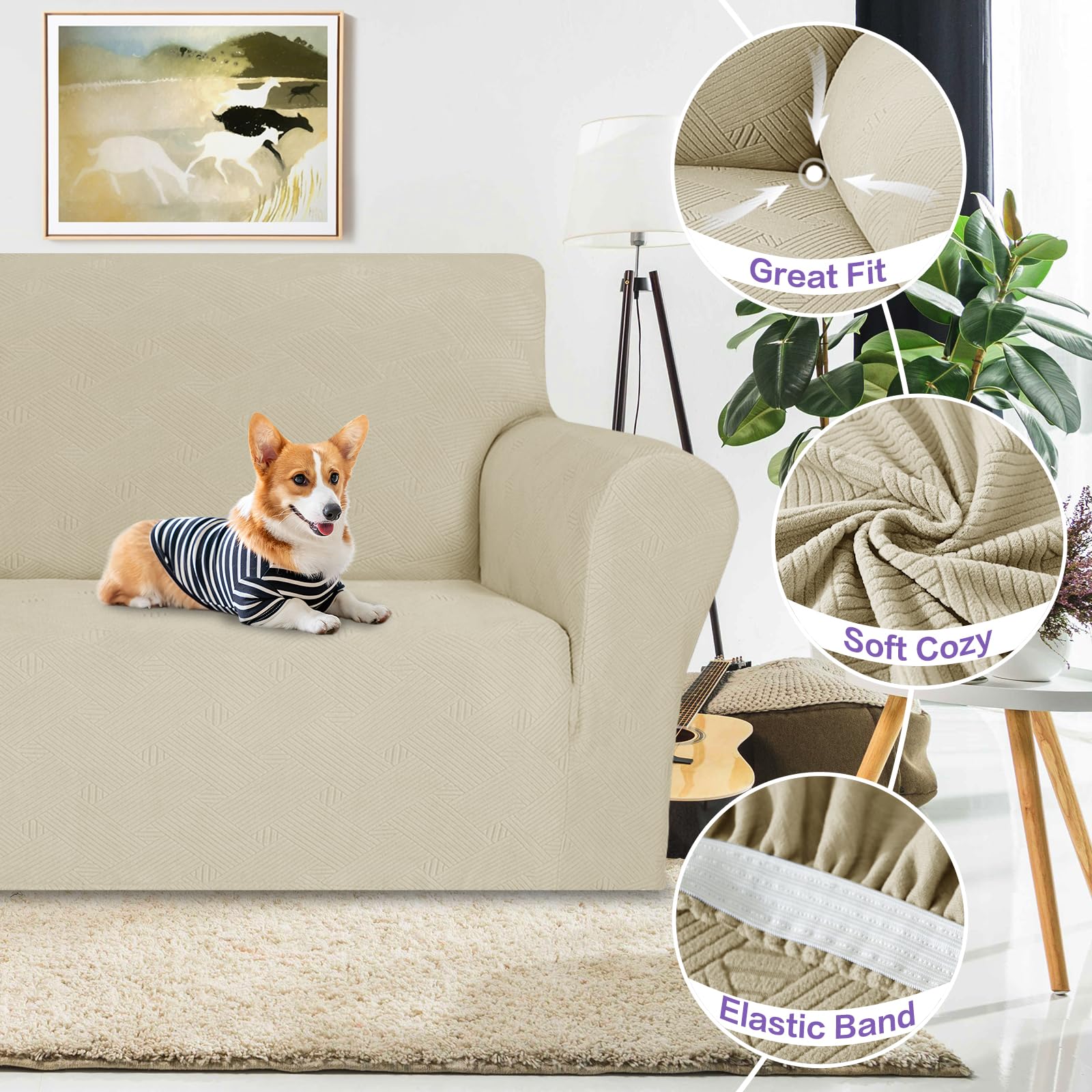 ZNSAYOTX Super Stretch Chair Slipcover (30"-47"), New Striped Sofa Chair Covers for Living Room, Dogs Pet Friendly Anti-Slip Chair Protector Spandex Armchair Slipcovers (Khaki, Chair)