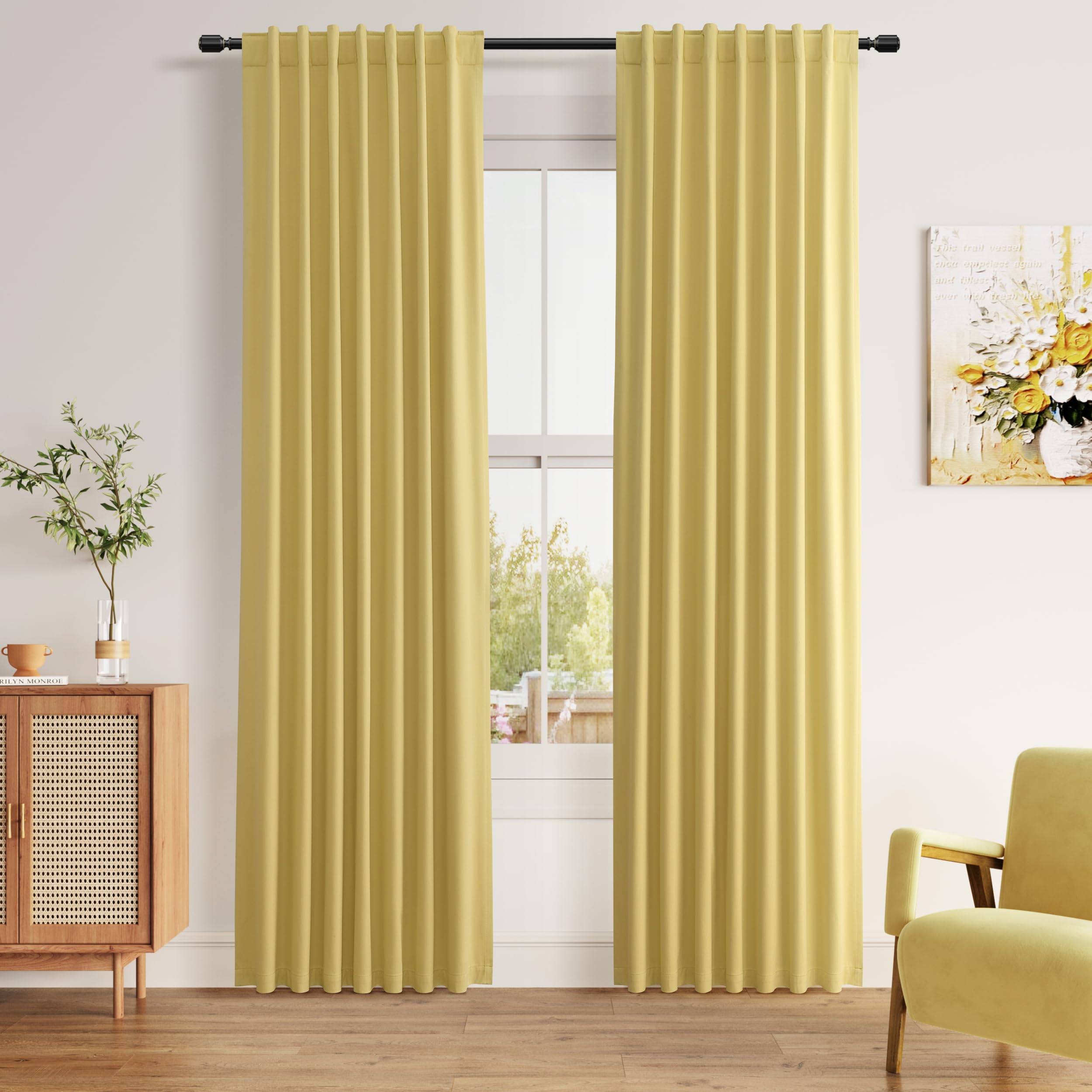 Guken Yellow 100% Blackout Linen Curtains 90 Inch Length 2 Panels Set for Living Room Bedroom Back Tab/Rod Pocket Thermal Insulated Black Out Drapes Room Darkening Farmhouse Window Curtains,52x90