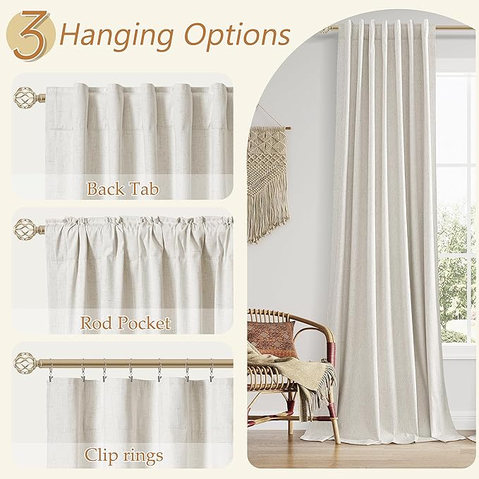 Guken 63 Inch Long Boho Blackout Curtains 100% Black Out Linen Curtain 2 Panels Set, Thermal Insulated Country Window Drapes for Living Room Bedroom Room Darkening Back Tab Rod Pocket, 52x63