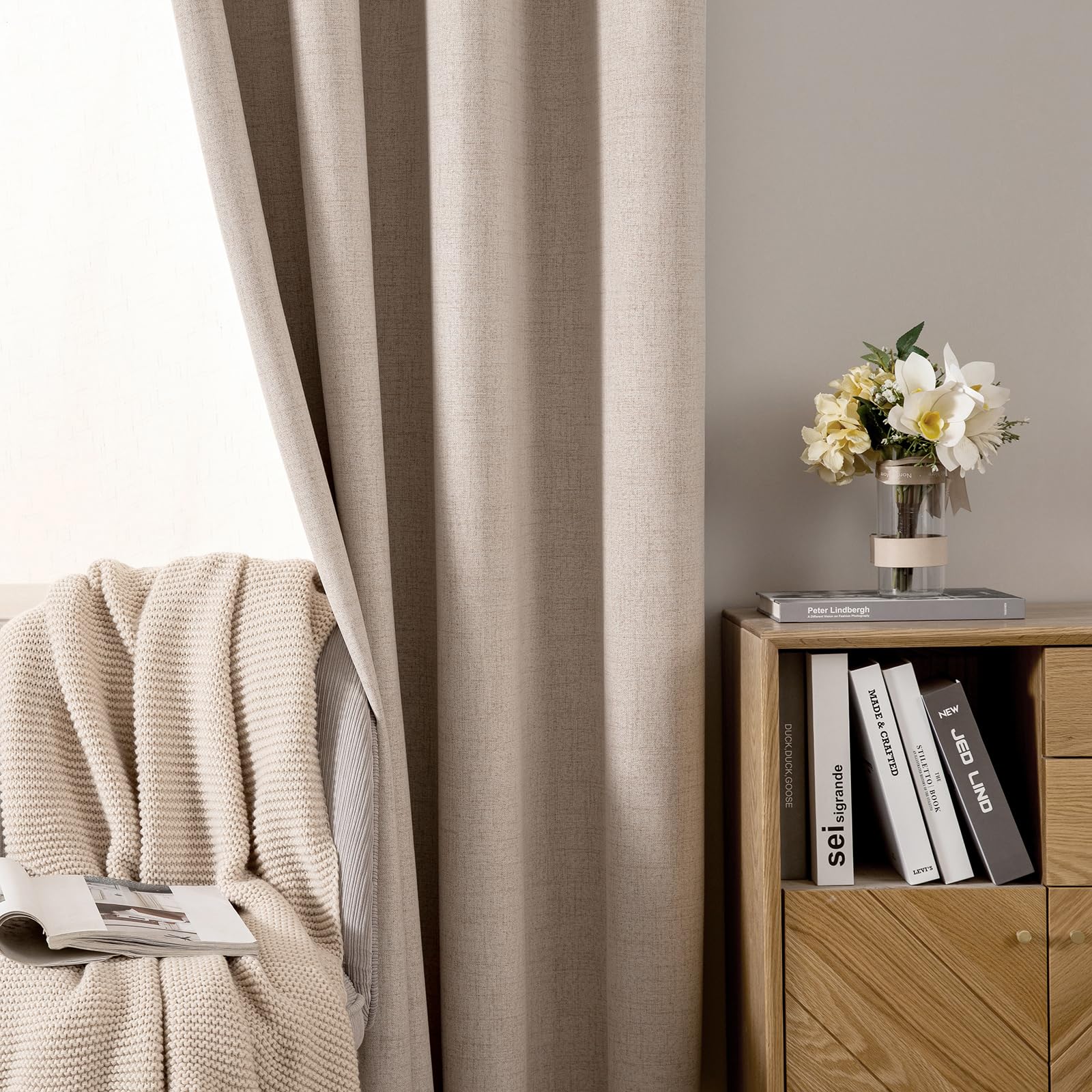 MIULEE 100% Blackout Linen Curtains for Bedroom 52x100 Inches Natural Beige